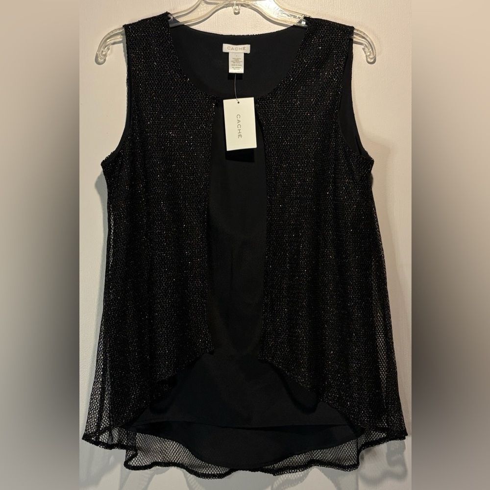 Cache- NWT Black Sleeveless Blouse Gold Mesh Overlay Rounded Hem- Size Small